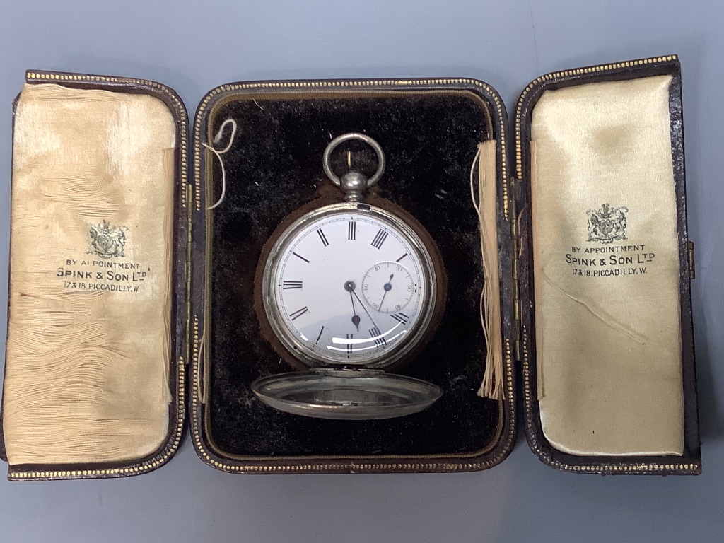 Two pocket watches including cased white metal, a pair of white metal and glass cufflinks and two other items.